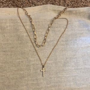Gold Layered diamond cross with gold chain (not real diamond)